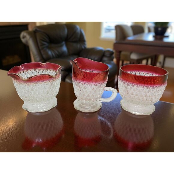 vintage 1960s indiana glass diamond point sugar creamer and condiment bowl - Picture 3 of 9